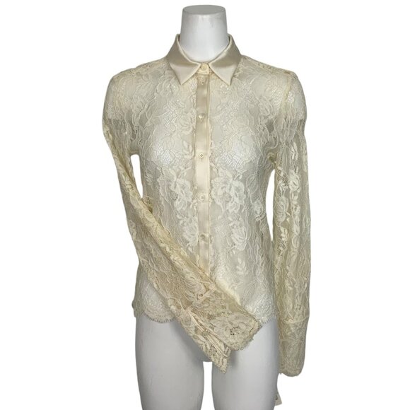 Feraud Vintage Sheer Lace Blouse Top 4 Cream Long Sleeve Silk Trim Victorian - Picture 1 of 12